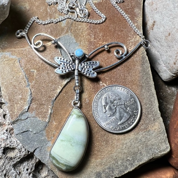 Swiss green opal & Larimar dragonfly necklace - Picture 2 of 5